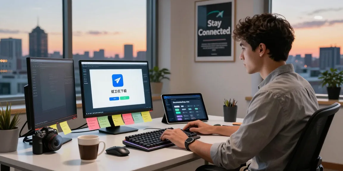 Young professional downloading 纸飞机下载 on multiple devices in a modern tech workspace.
