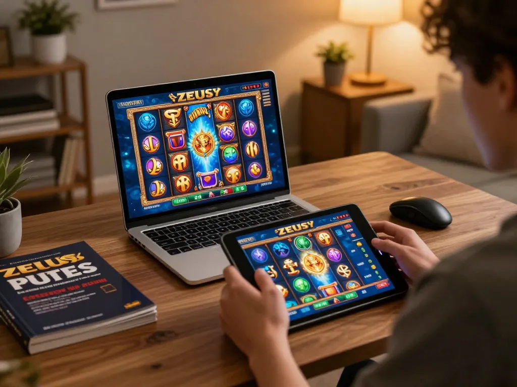 Pemain yang terlibat memutar slot zeus di tablet, menampilkan permainan yang menarik dalam suasana rumah yang nyaman.