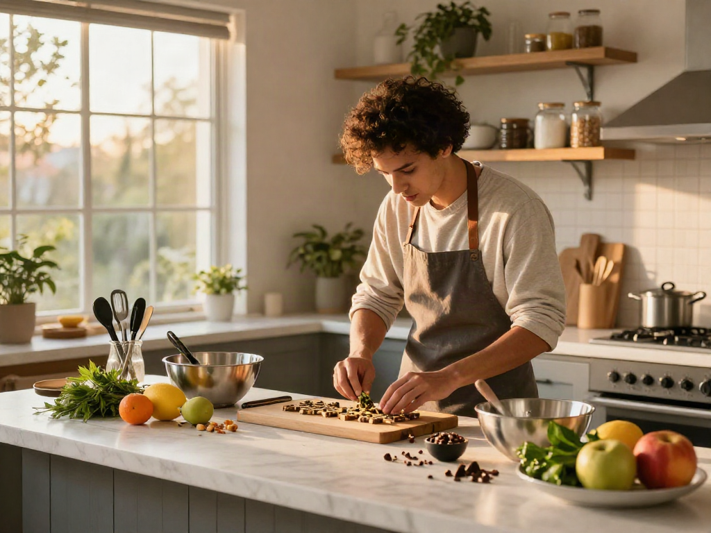 Creative cooking with Camino edibles in a warm, inviting kitchen scene.