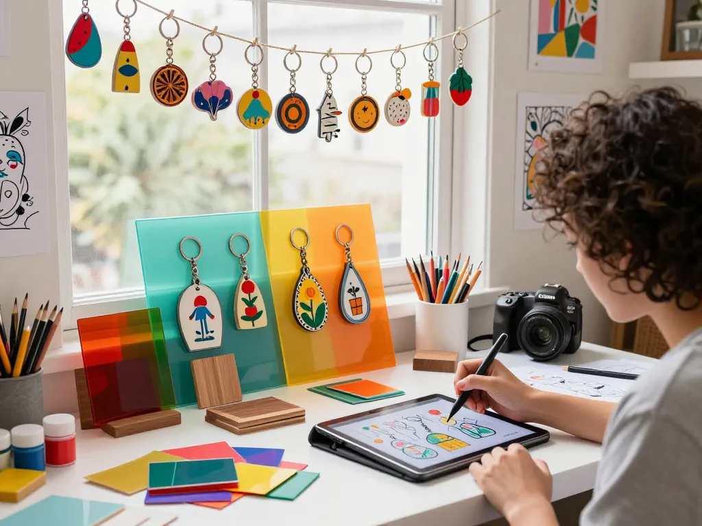 Vibrant scene showcasing custom key chains with designer sketching new ideas in a creative workspace.