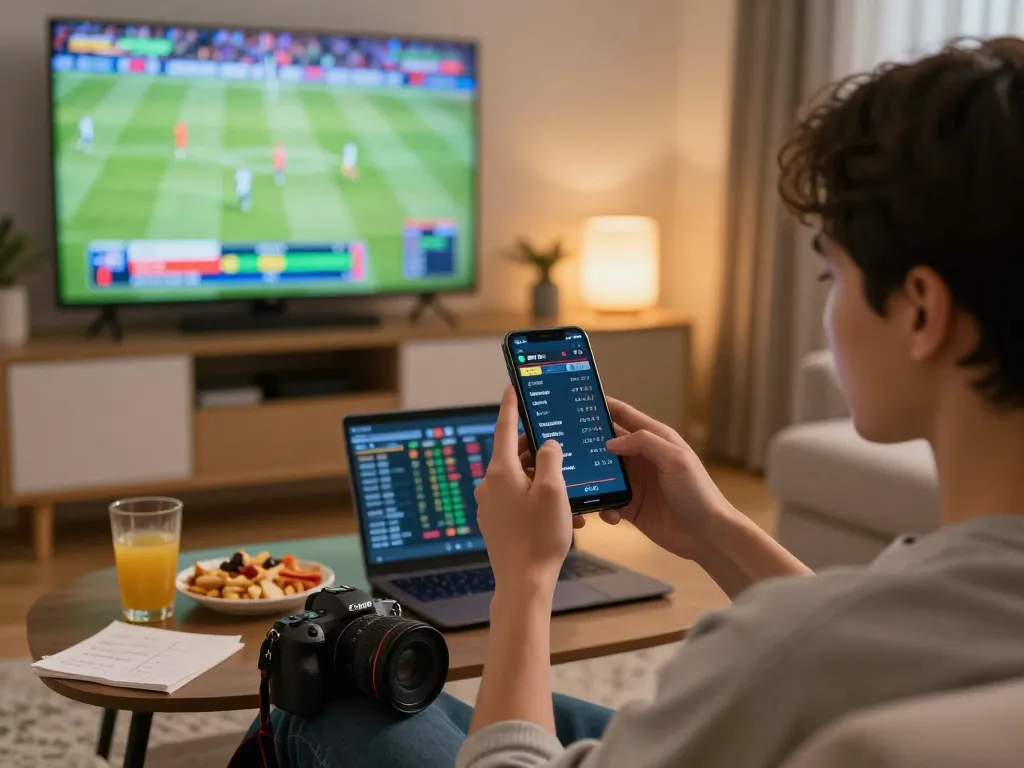 Placing bets on live sports using https://keotructuyen.jpn.com/ smartphone with odds displayed in a comfortable living room.