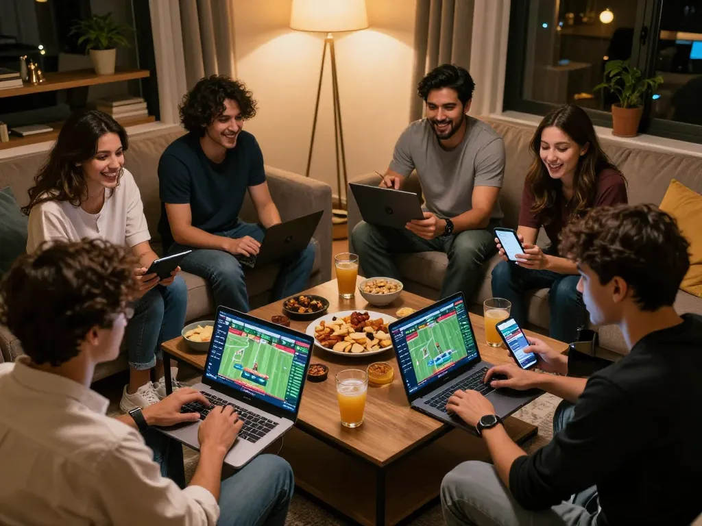 Friends engaging in thabet sports betting at home on laptops and smartphones, showcasing an exciting gaming atmosphere.