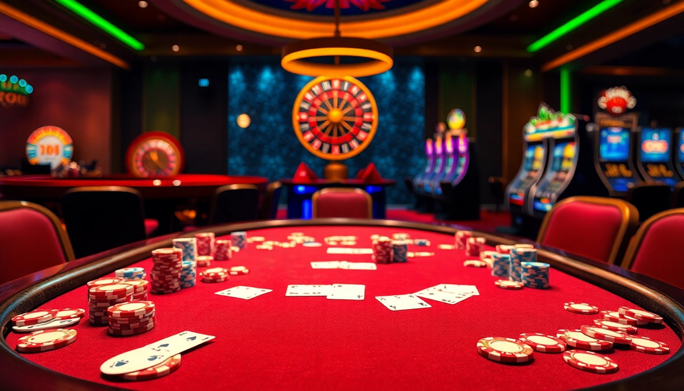 Engaging scene at Trang chủ xin88 depicting a vibrant casino atmosphere with poker chips and roulette wheel.