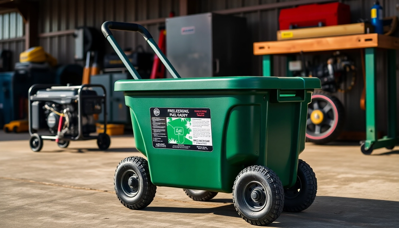 Fuel Caddy displayed next to a generator, showcasing its portability and ergonomic design.
