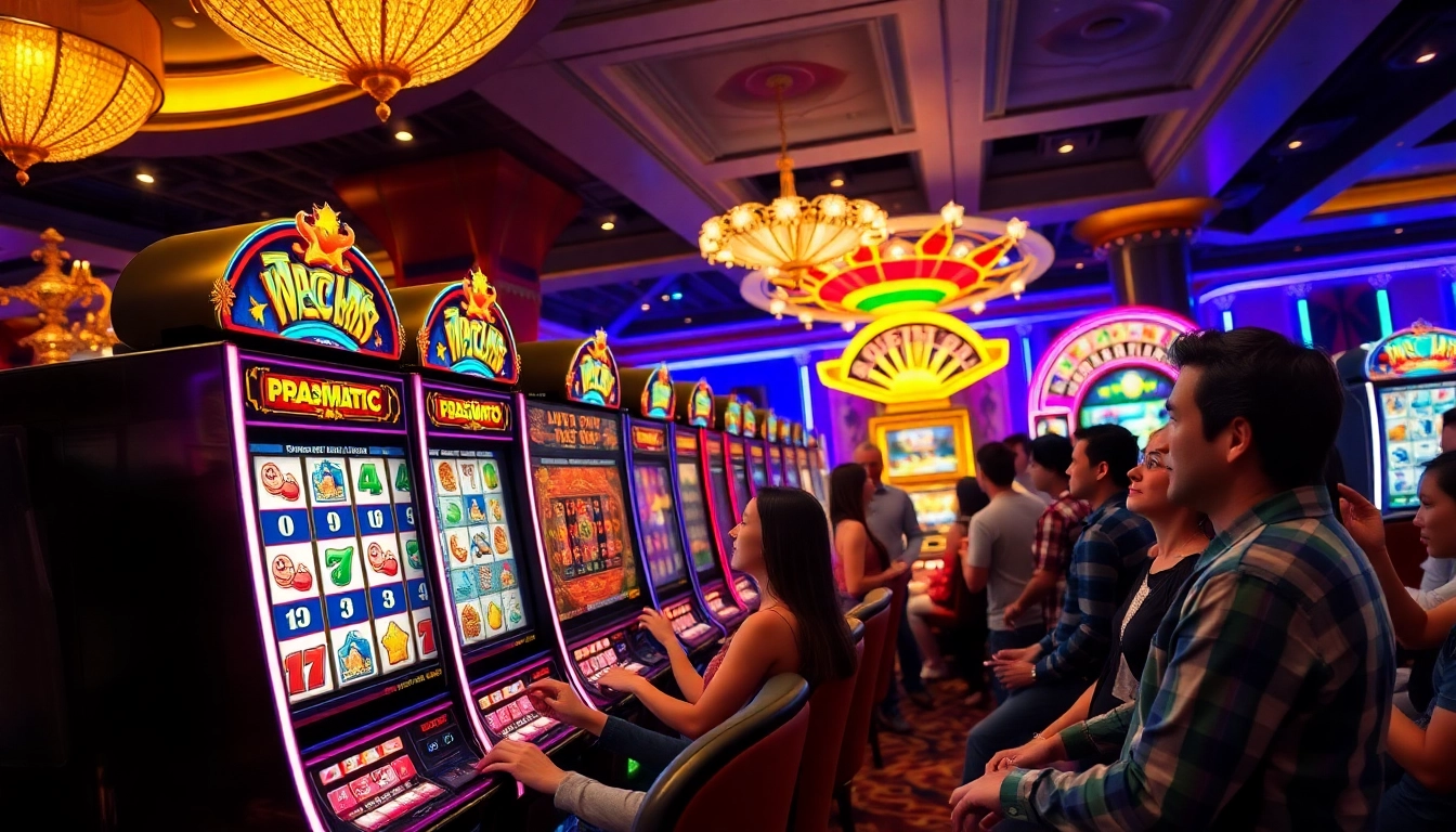 Players enjoying a winning moment at a vibrant pragmatic slot game in a luxurious casino setting.