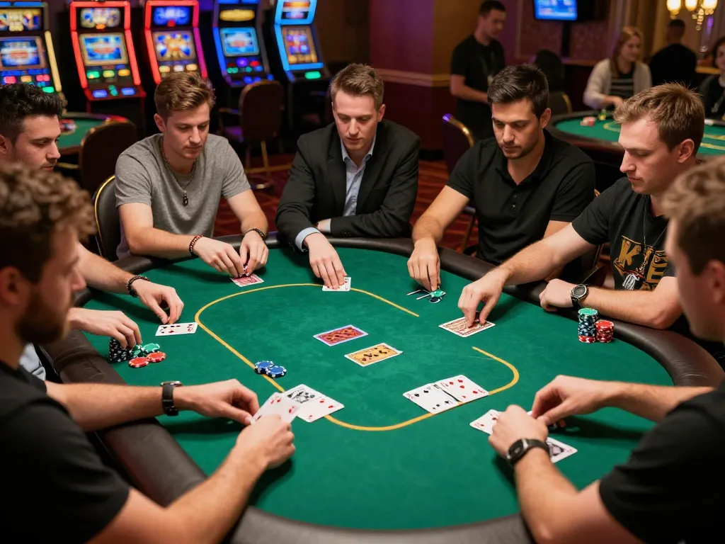 3Win poker players engaged in a thrilling game, showcasing strategy and excitement in a vibrant casino setting.