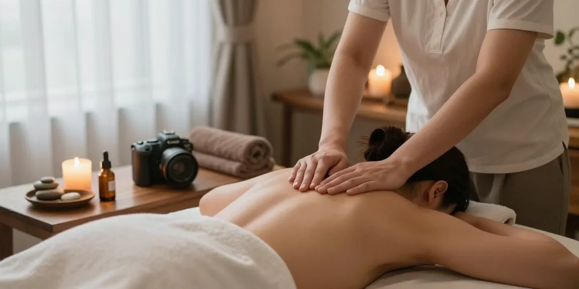 역삼동마사지와 함께하는 편안한 스파 치료 장면, 아로마 오일과 촛불이 있는 아늑한 마사지룸