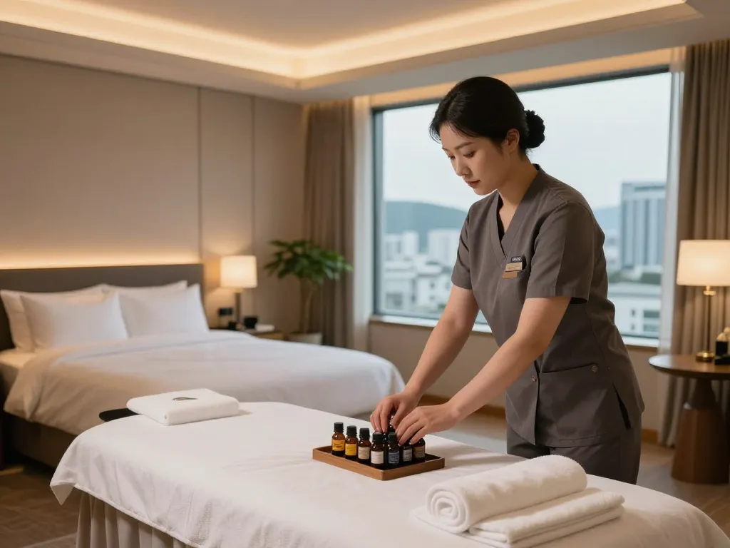 Experience serene 인천 출장마사지 in a luxurious hotel room with a professional therapist preparing for a relaxing session.