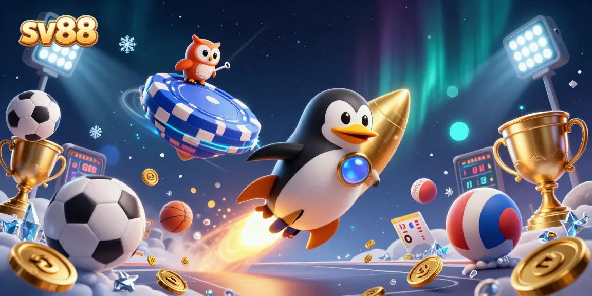 Join the excitement at sv88 with a golden penguin racing towards a casino space station.