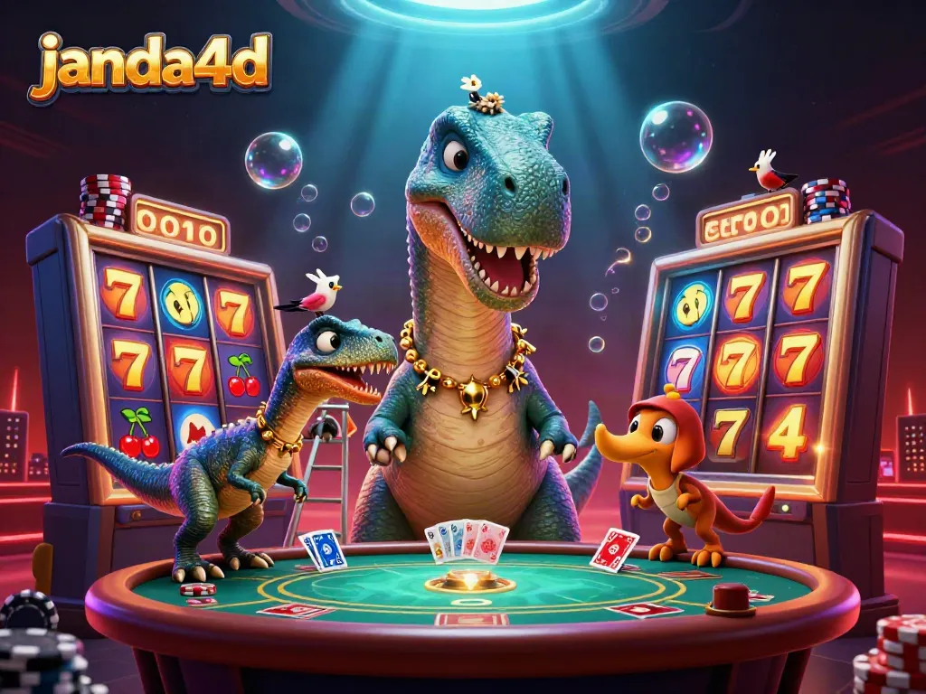 Permainan slot janda4d yang seru dengan karakter kartun dinosaur menarik perhatian pemain di kasino.