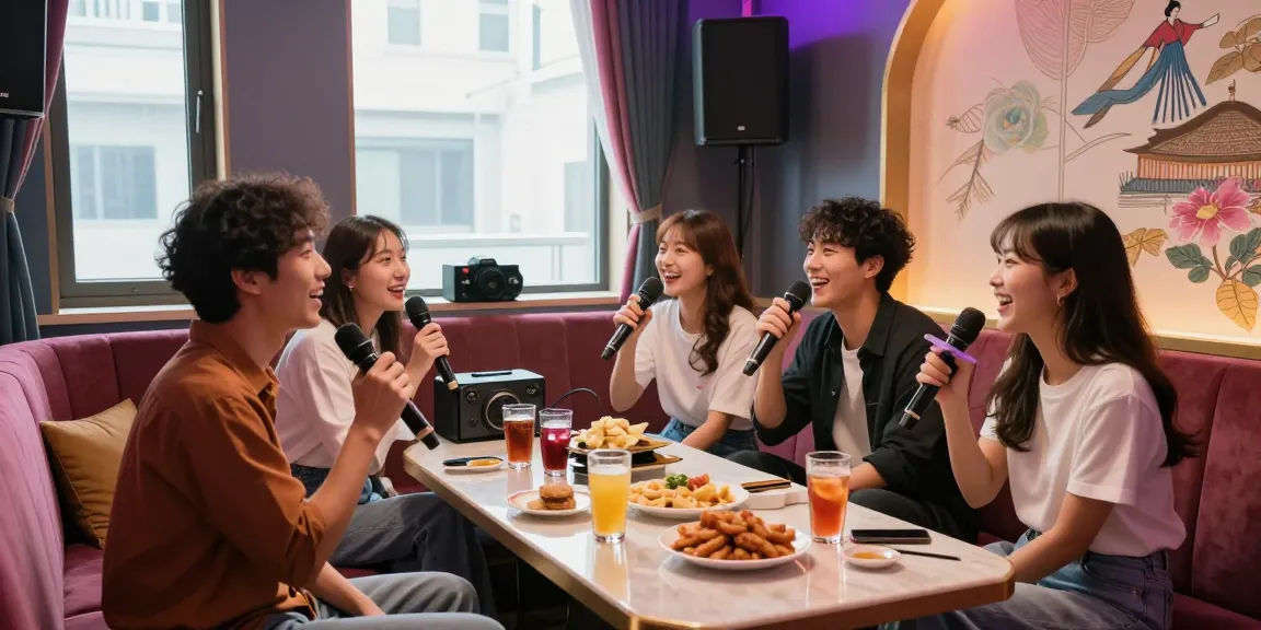 강남 가라오케에서 친구들과 즐거운 노래시간을 보내는 모습, 모던한 인테리어와 아늑한 조명으로 분위기 있는 공간을 표현