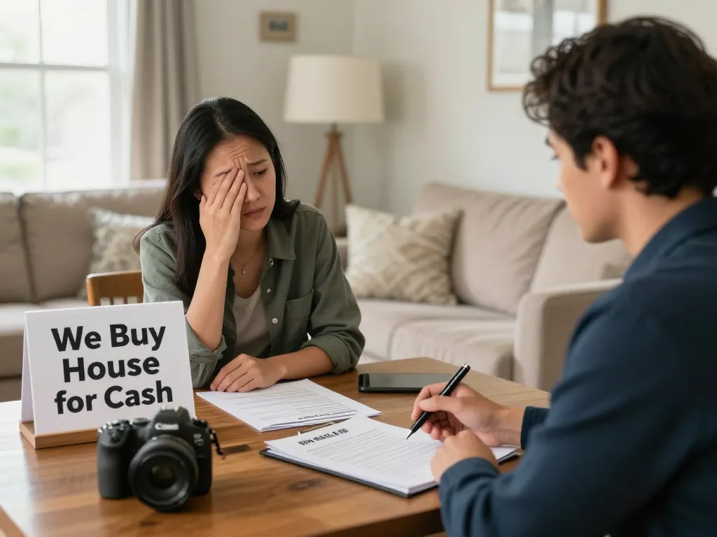We buy houses for cash meeting between friendly buyer and homeowner, showcasing trust and support.