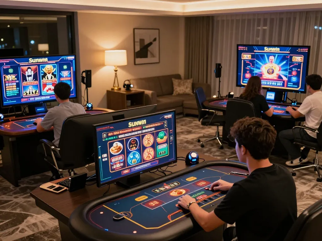Players enjoying Sunwin online gaming on smart devices in a cozy home environment