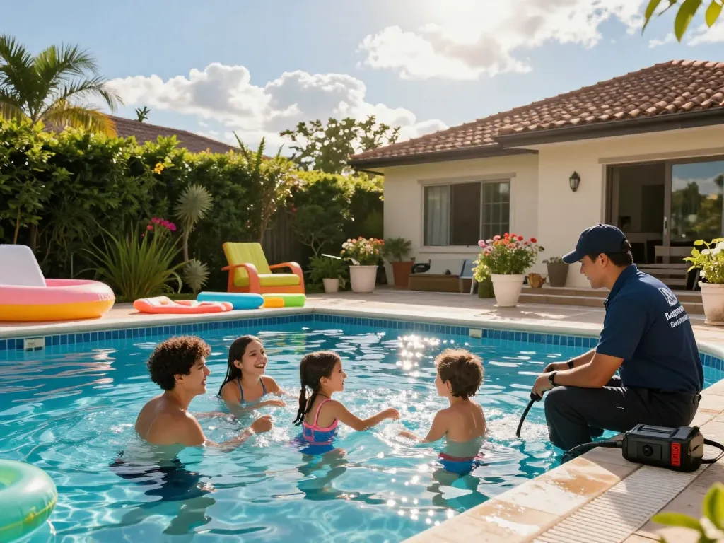 Dolphin Pool Services technician performing leak detection near a vibrant residential pool, ensuring quality maintenance.