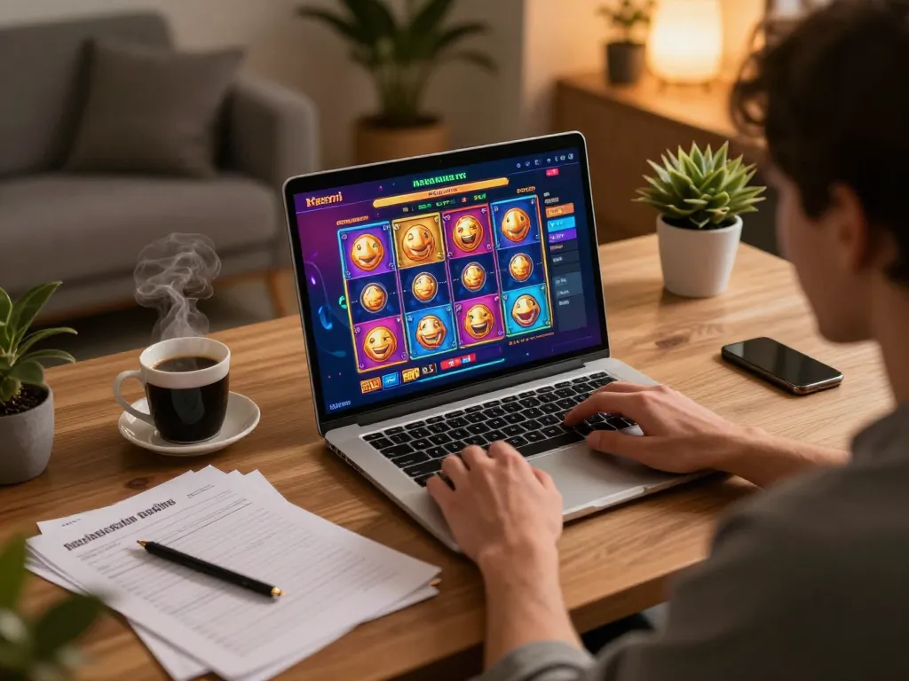 Engaging with a slot resmi game on a laptop in a cozy home office setting, showcasing responsible gambling.