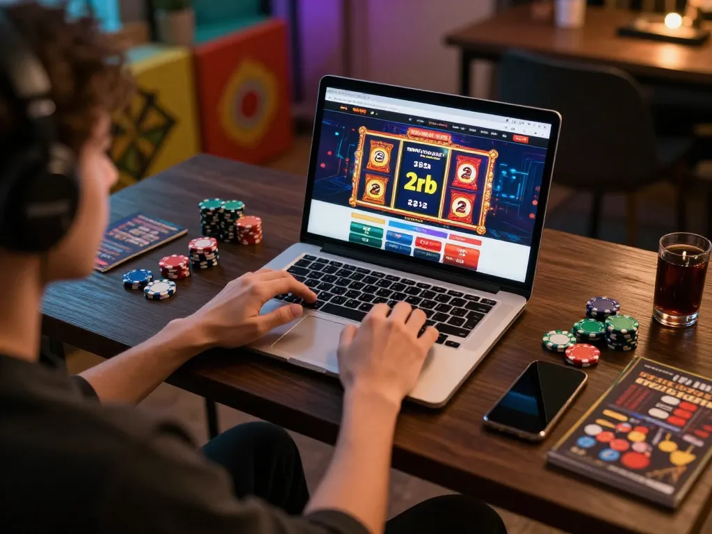 Engaging gamer utilizing laptop for slot deposit 2rb strategies in a cozy setup, illustrating online gaming