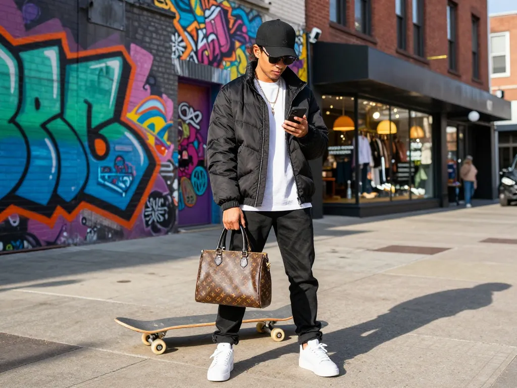 Person showcasing 레플리카 fashion outfits in vibrant urban setting with stylish accessories.