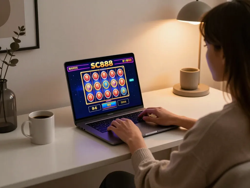 Engaging with SC888 casino slots during a cozy home gaming session with warm lighting.