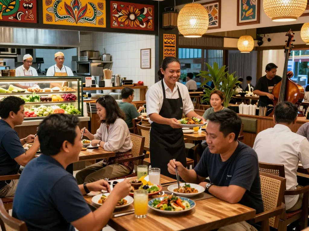 Locals enjoying the vibrant atmosphere at Pokerseri restaurant, highlighting delicious food and friendly service.