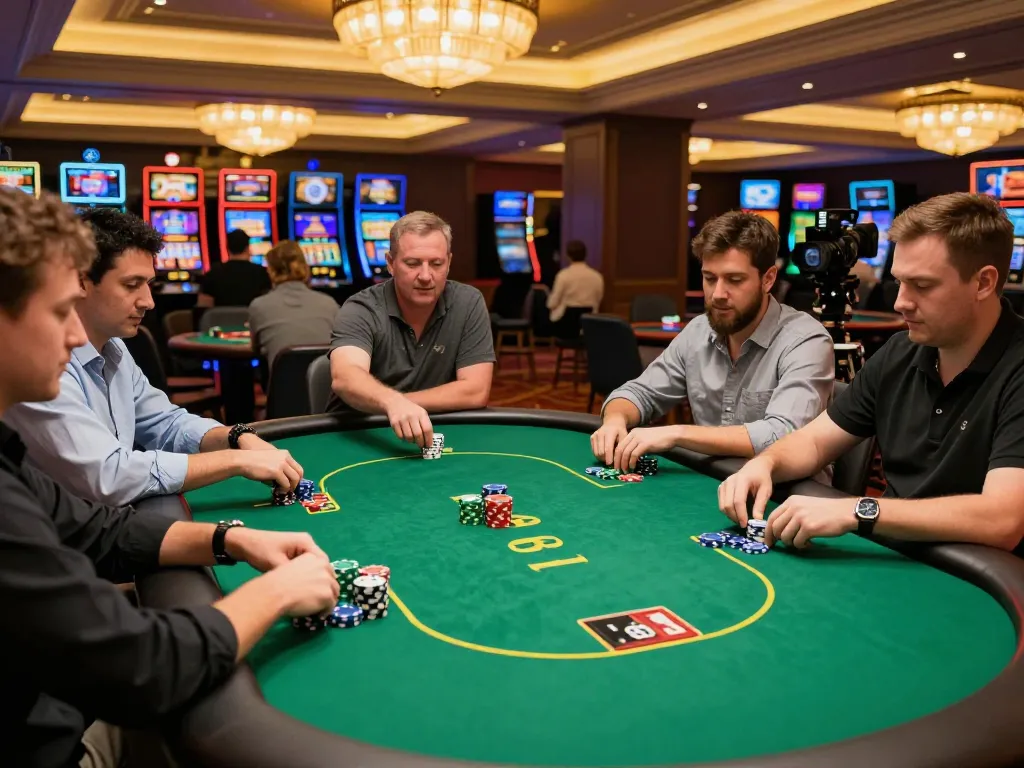 Players enjoy a high-stakes game of poker at Gajah Toto casino, showcasing strategy and excitement