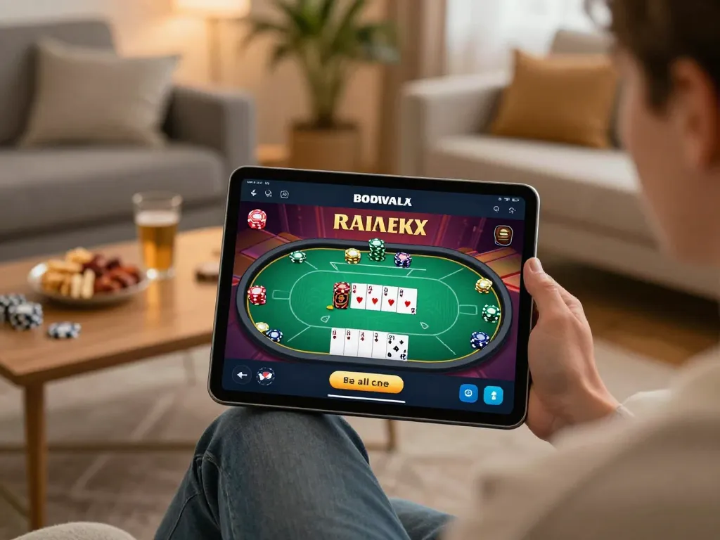 Engaged player using the iwinn app for online poker in a cozy living room.