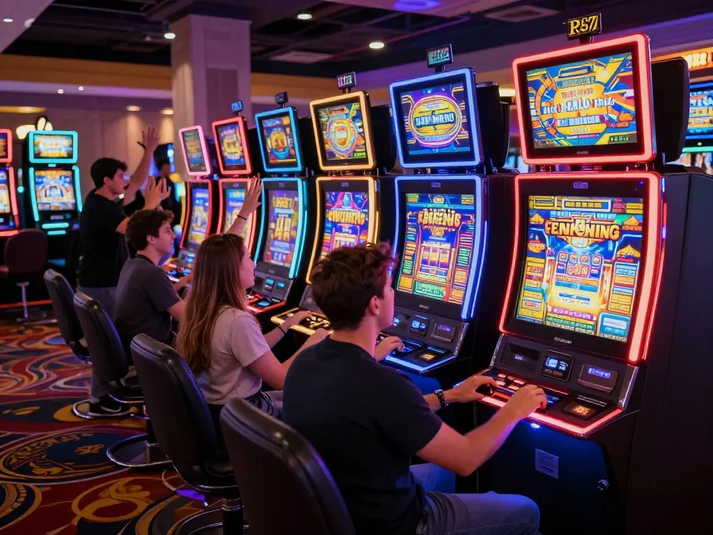 Players engaging with slot 777 machines, bright casino lights and excitement fill the room.