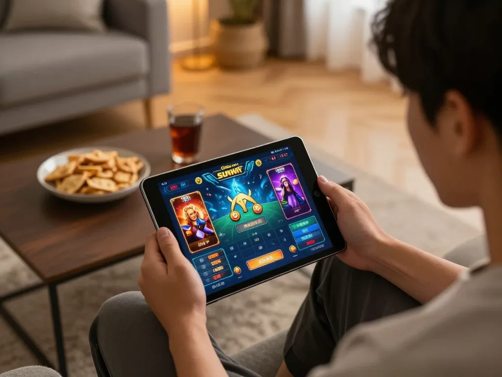 CỔNG GAME SUNWIN app interface displayed on tablet, highlighting online gaming excitement in a cozy setup.