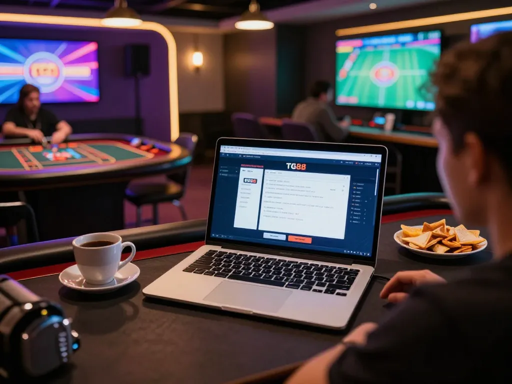 TG88 player engaging in live dealer game on laptop at cozy online casino setup