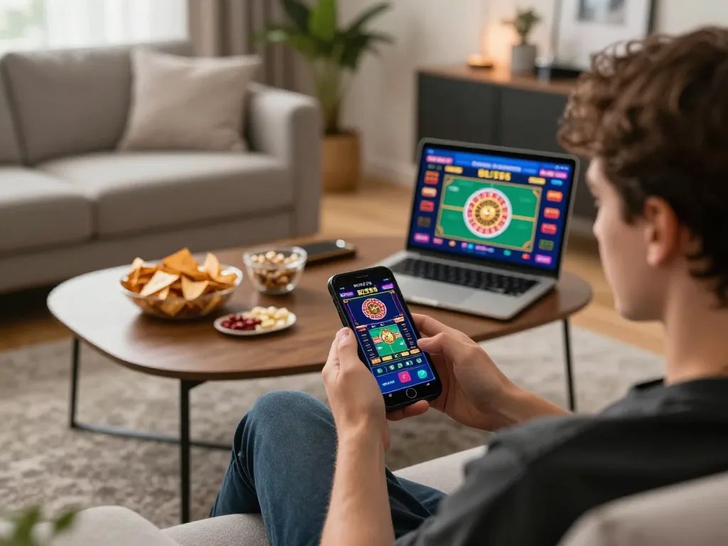 Engaging with the BL555 mobile casino app for a strategic gaming experience at home.