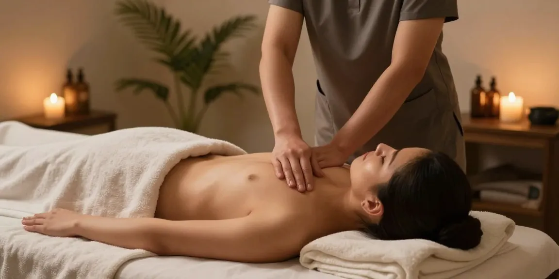 마사지 치료 중인 모습과 아로마 오일, 조명 등 차분한 분위기