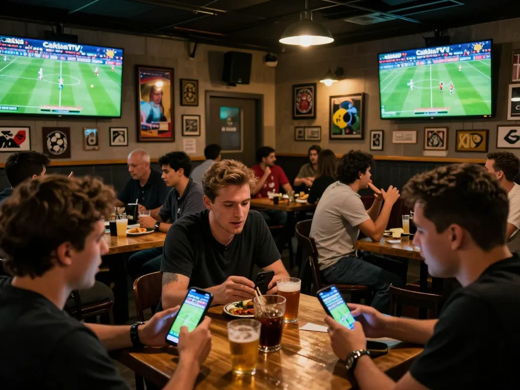 Cakhiatv fans celebrating live football match at vibrant sports bar with mobile betting