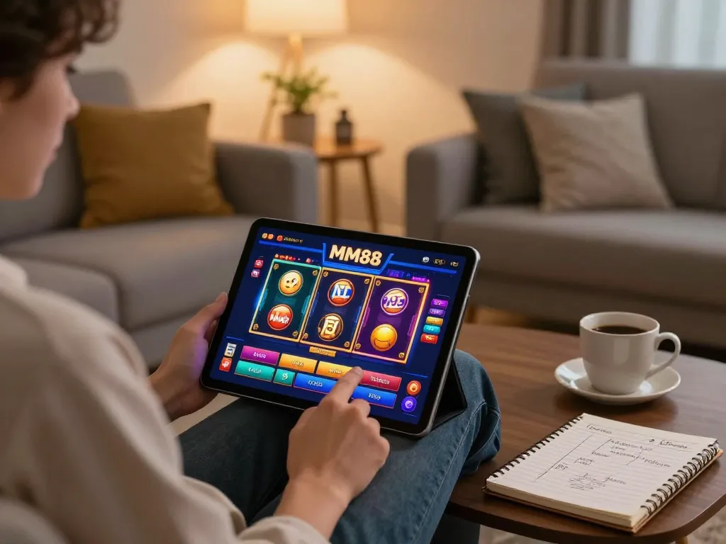 Person engaging with link mm88 on tablet, experiencing online casino excitement in a cozy home setting.