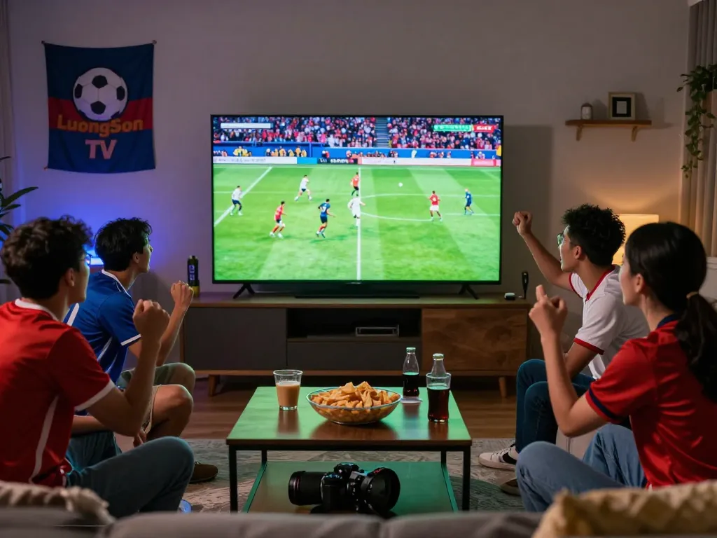 Group of friends enjoying a thrilling match on LuongSon TV with excitement and snacks.