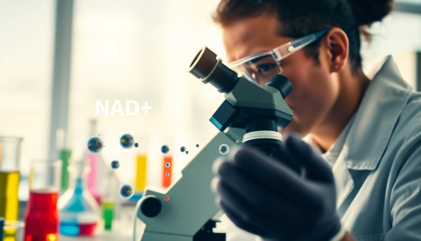 NAD+ research being conducted in a professional laboratory setting with vibrant equipment.