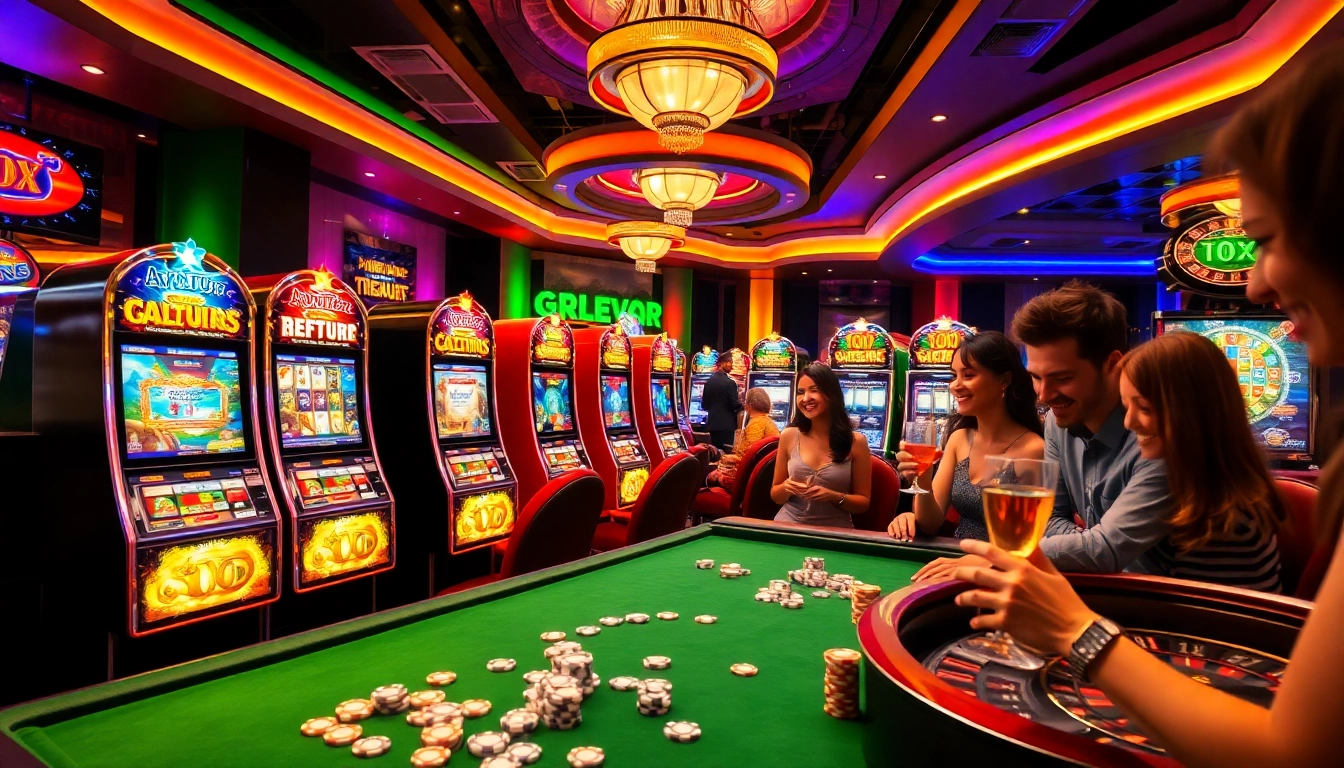 Experience thrilling slot gameplay amid vibrant casino lights and excited players.