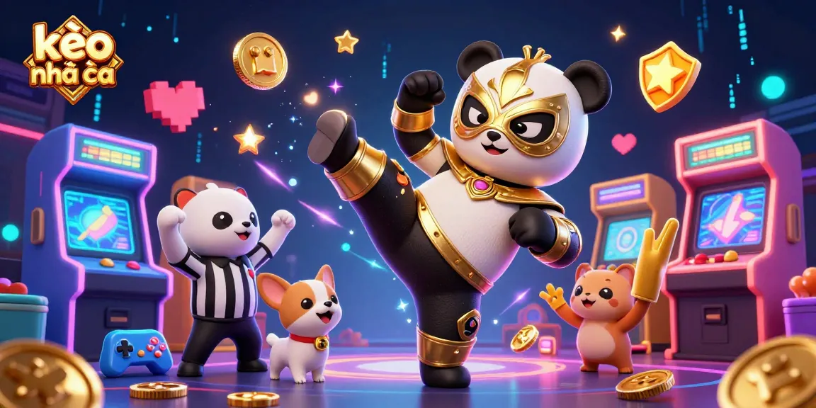Watch the kèo nhà cái match as panda wrestler kicks high, surrounded by cheering animals and arcade visuals.