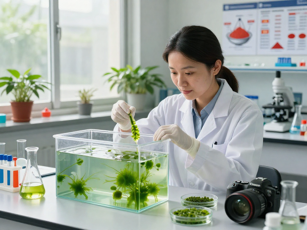 Researcher collecting microalgae astaxanthin samples in a vibrant lab, showcasing innovative health science.