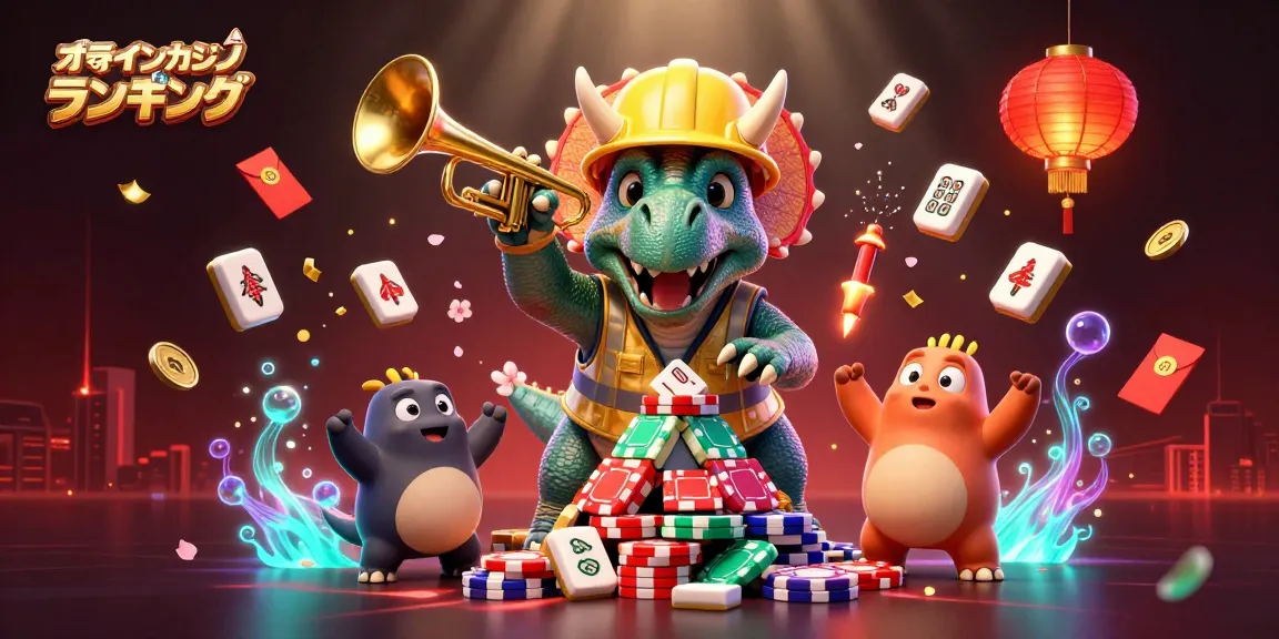 オンラインカジノ ランキングを楽しむトリケラトプスがポーカーチップのピラミッドを作るシーン