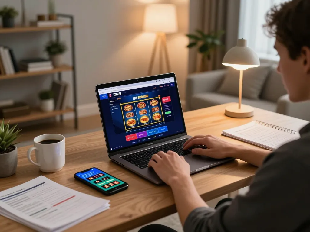 Player enjoying online slots on TR88 homepage from a stylish home setup, showing warm ambiance and strategic planning