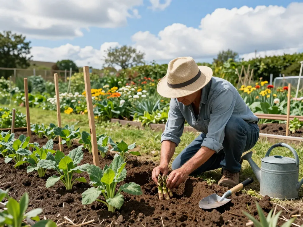 Asperges planten in an organic garden, gardener planting asparagus crowns in nutrient-rich soil.