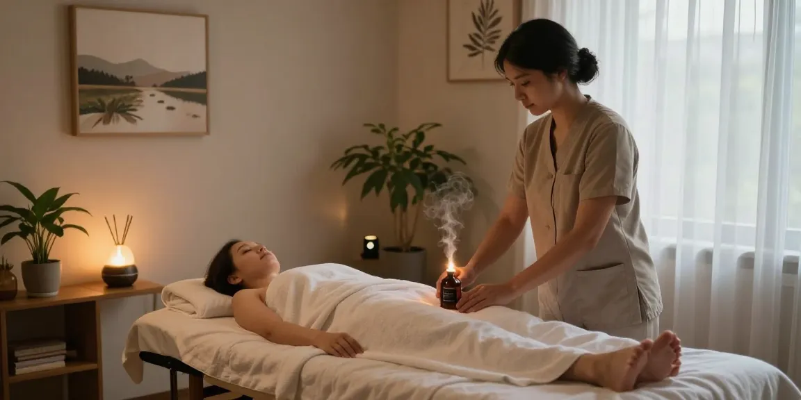 마사지 테라피를 위한 아늑한 공간에서 편안하게 준비된 테이블과 에센셜 오일이 보이는 풍경