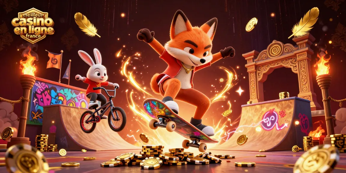 Découvrez le meilleur casino en ligne France avec cette illustration dynamique du skateboardeur renard et du lapin BMX.