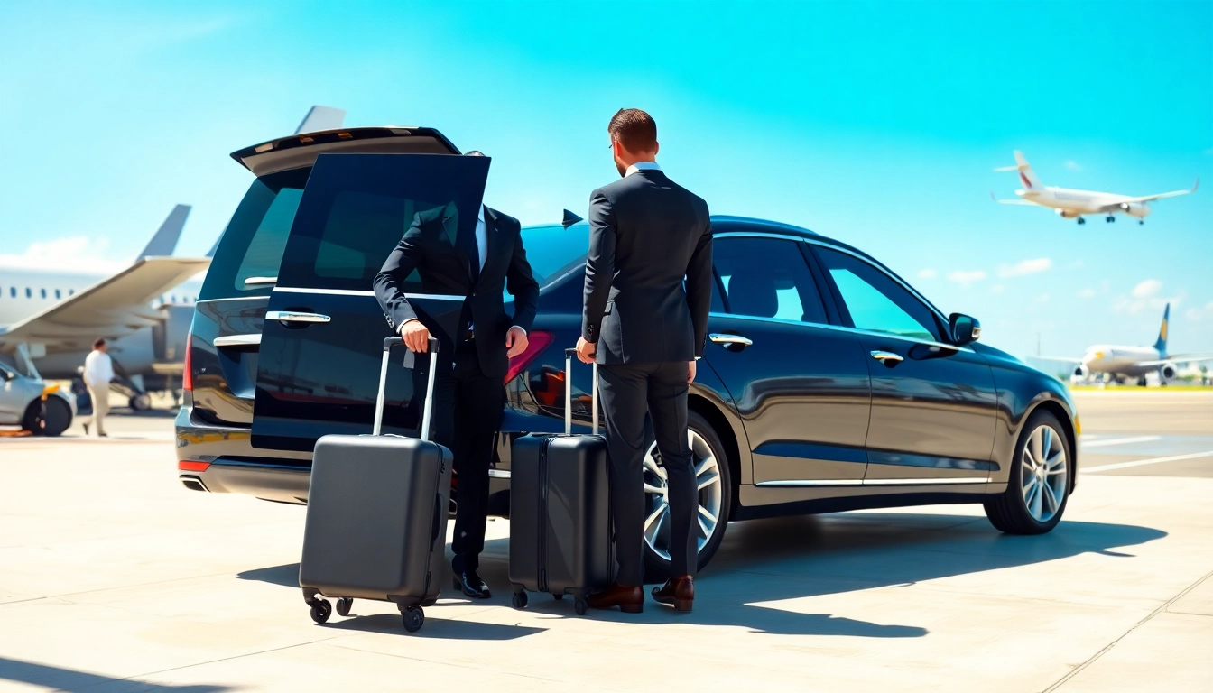 Private Airport Transfers with a luxurious vehicle and professional chauffeur at an airport terminal.