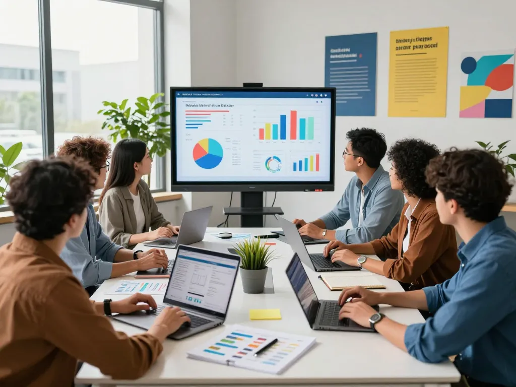 Team collaborating in a modern workspace for https://sc881.com/ showcasing digital marketing strategy discussions, vibrant atmosphere.