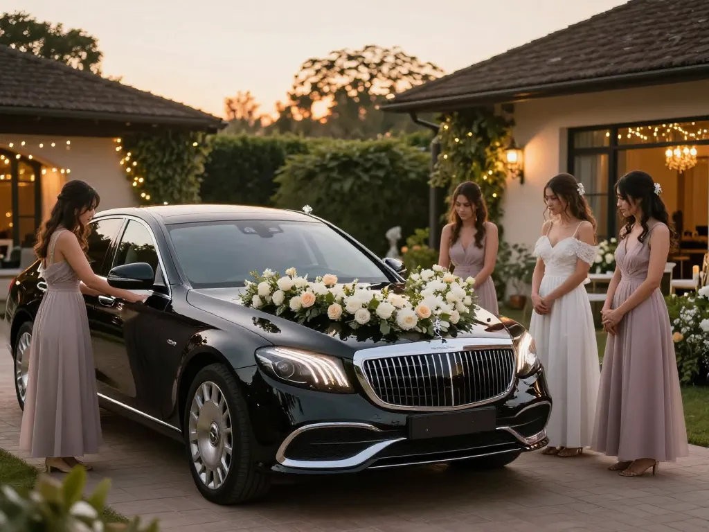 thuê xe cưới Mercedes trong bối cảnh cưới lãng mạn với trang trí hoa