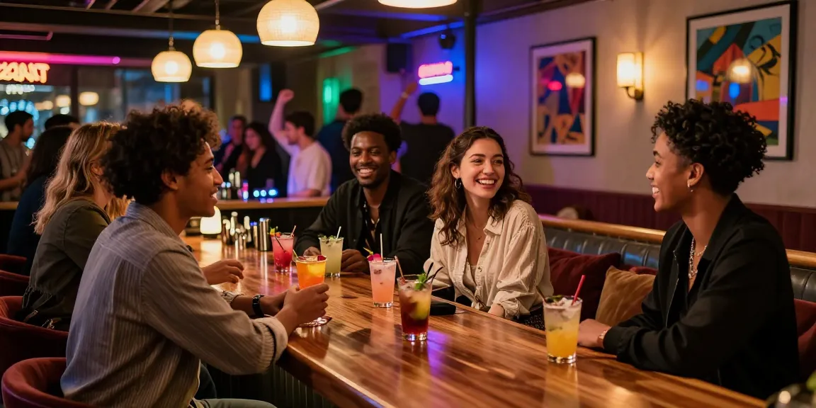 NSFW urban nightlife scene showcasing friends enjoying cocktails in a vibrant bar setting with neon lights.