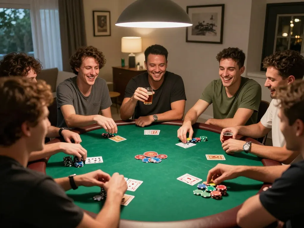 A lively home poker night with friends, showcasing the best widget store experience with cards and chips in action.