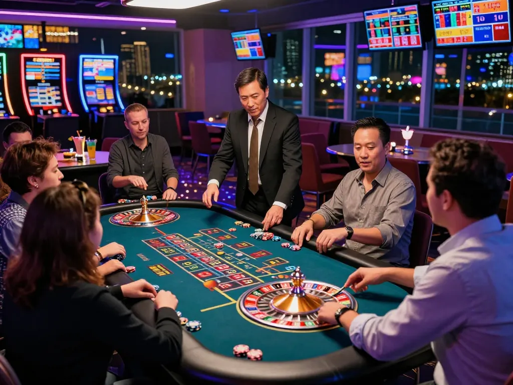 Wraungtoto players enjoying a lively casino atmosphere with roulette table and bright lights