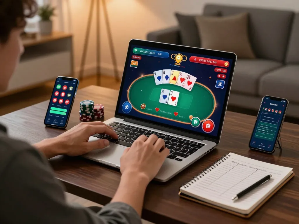 Person eagerly placing bets on EE88's online platform with engaging poker game interface visible.
