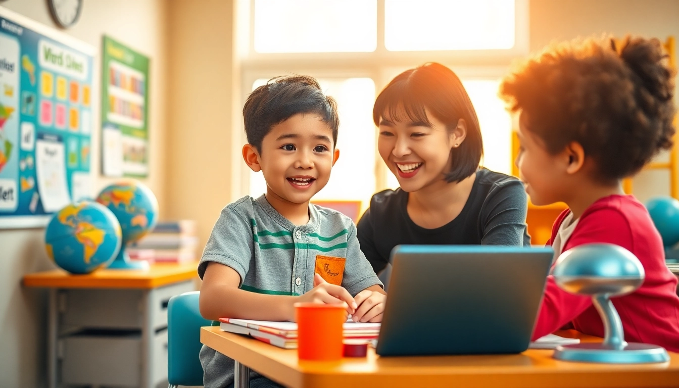 活気ある教室で、笑顔の先生と元気な子どもがいる魅力的な Berlitz Kids 体験レッスン。